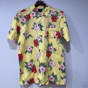 Obey Men’s Kane Yellow Green Pink Hawaiian Floral Button Up Beach Shirt Medium